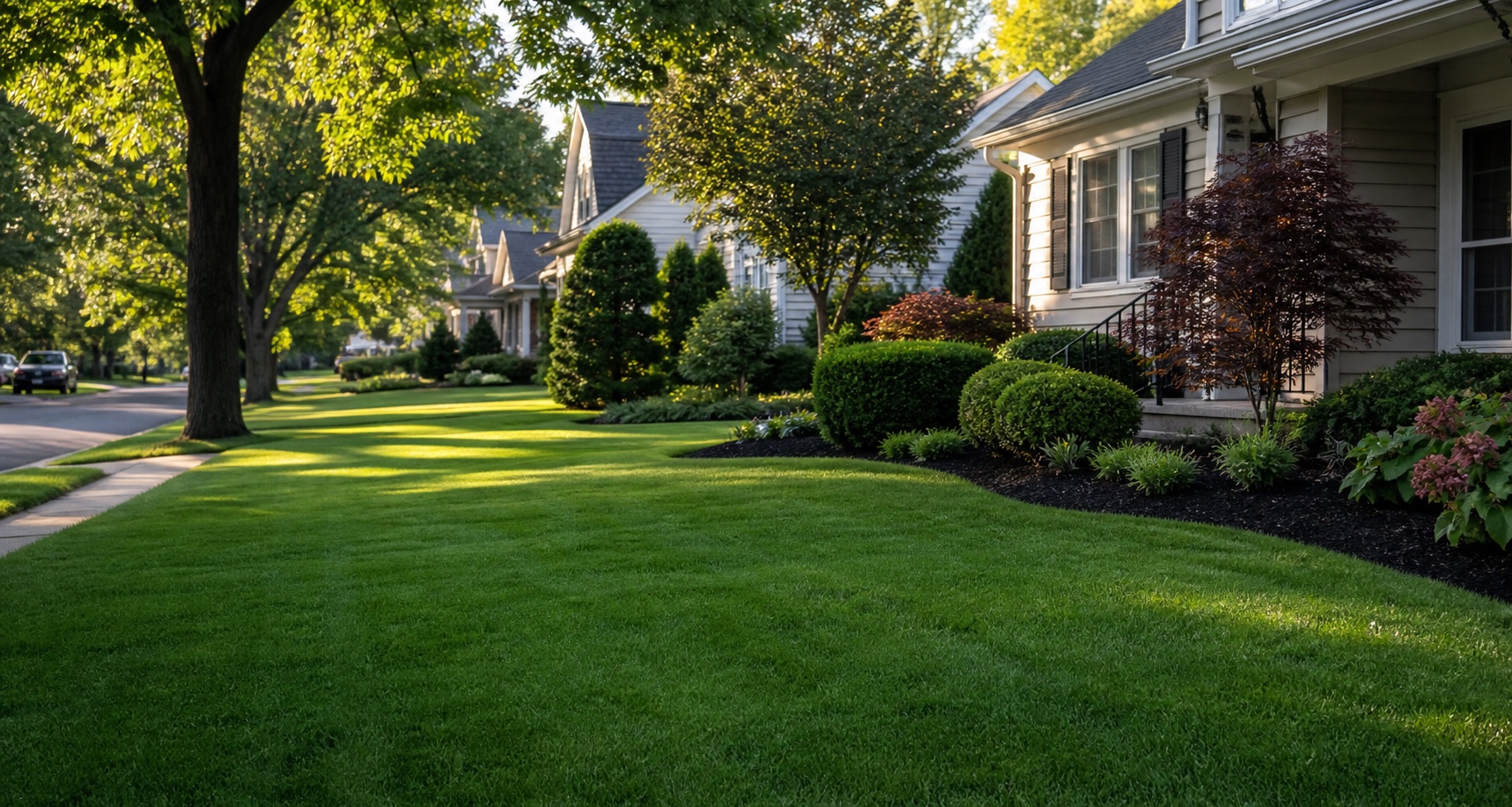 Illustrative tree-lined residential property with a tidy lawn