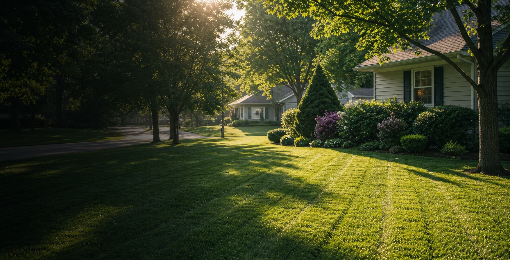 Freshly mowed lawn on a leafy Northeast Ohio residential street